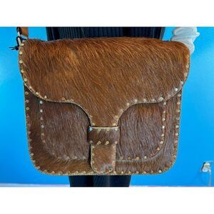 NWT Rebecca Minkoff Crossbody Messenger Bag Large Brown Calfhair/Sand Pockets